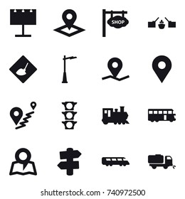 16 vector icon set : billboard, pointer, shop signboard, drawbridge, under construction, outdoor light, train, bus, map, signpost, sweeper