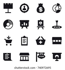 16 vector icon set : billboard, target audience, money bag, circle diagram, presentation, target, add to cart, clipboard, add to basket, market, shopping list, store signboard