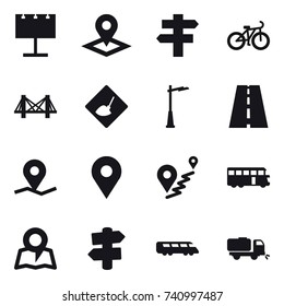 16 vector icon set : billboard, pointer, singlepost, bike, bridge, under construction, outdoor light, bus, map, signpost, sweeper