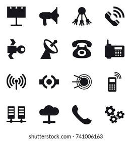 16 vector icon set : billboard, loudspeaker, share, call, satellite, satellite antenna, wireless, gears