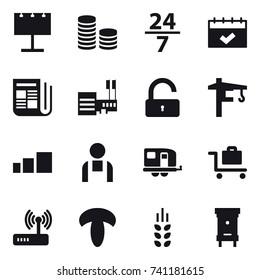 16 vector icon set : billboard, coin stack, 24/7, calendar, newspaper, mall, unlock, tower crane, trailer, baggage trolley, spikelets, hive
