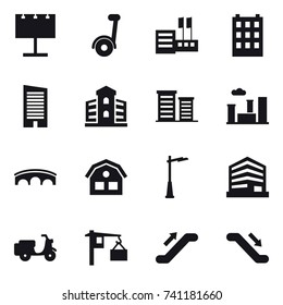 16 vector icon set : billboard, segway, store, building, skyscraper, district, city, bridge, house, outdoor light, escalator