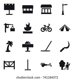16 vector icon set : billboard, market, outdoor light, bike, tent, palm, restaurant, rake, sickle, farm fence, blower, garden cleaning