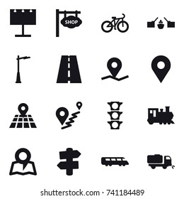 16 vector icon set : billboard, shop signboard, bike, drawbridge, outdoor light, train, map, signpost, sweeper