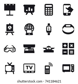 16 vector icon set : billboard, presentation, calculator, touch, notebook globe, smartwatch, smart bracelet, smart glasses, market scales, scales, tv