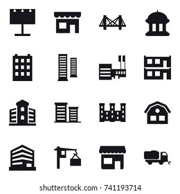 16 vector icon set : billboard, shop, bridge, goverment house, building, skyscrapers, mall, modular house, district, palace, house, sweeper