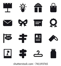 16 vector icon set : billboard, bulb, gift, shopping bag, mail, bow, atm receipt, medal, shop signboard, singlepost, photo, signpost, hanger