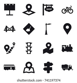 16 vector icon set : billboard, pointer, shop signboard, bike, bridge, under construction, outdoor light, train, bus, map, signpost, sweeper