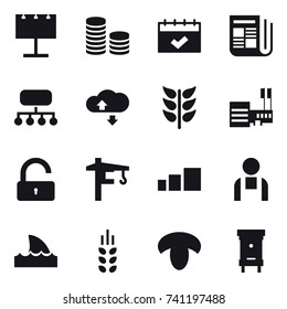 16 vector icon set : billboard, coin stack, calendar, newspaper, structure, cloude service, mall, unlock, tower crane, shark flipper, spikelets, mushroom, hive