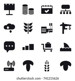 16 vector icon set : billboard, coin stack, calendar, structure, cloude service, mall, tower crane, baggage trolley, shark flipper, spikelets, mushroom