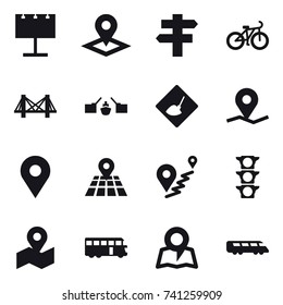 16 vector icon set : billboard, pointer, singlepost, bike, bridge, drawbridge, under construction, bus, map
