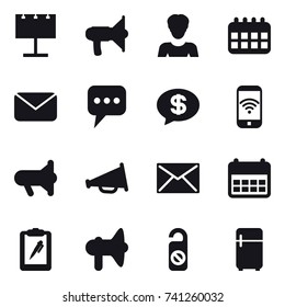 16 vector icon set : billboard, loudspeaker, woman, calendar, mail, message, money message, phone wireless, megafon, do not distrub, fridge