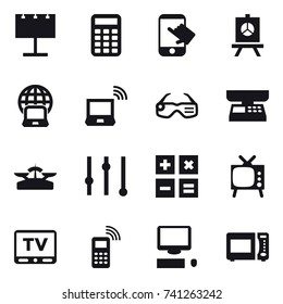 16 vector icon set : billboard, calculator, touch, presentation, notebook globe, notebook wireless, smart glasses, market scales, scales, equalizer, tv