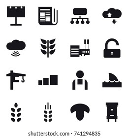 16 vector icon set : billboard, newspaper, structure, cloude service, cloud wireless, mall, unlock, tower crane, shark flipper, spikelets, mushroom, hive