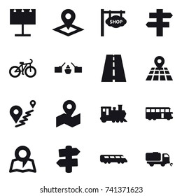 16 vector icon set : billboard, pointer, shop signboard, singlepost, bike, drawbridge, train, bus, map, signpost, sweeper