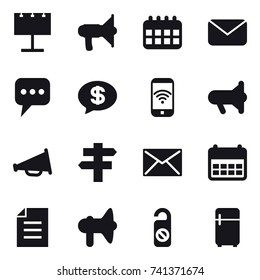 16 vector icon set : billboard, loudspeaker, calendar, mail, message, money message, phone wireless, megafon, singlepost, do not distrub, fridge