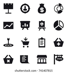 16 vector icon set : billboard, target audience, money bag, circle diagram, statistic, presentation, diagram, target, add to cart, clipboard, add to basket, delete cart, shopping list, market