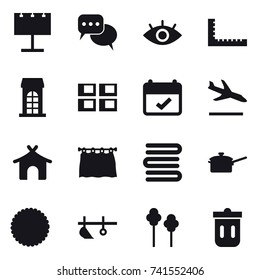 16 vector icon set : billboard, discussion, ruler, building, panel house, arrival, bungalow, curtain, towels, saute pan, plow, trees, trash bin