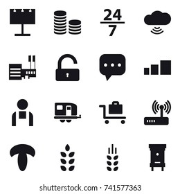 16 vector icon set : billboard, coin stack, 24/7, cloud wireless, mall, unlock, trailer, baggage trolley, spikelets, hive