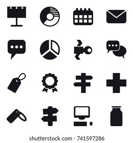 16 vector icon set : billboard, circle diagram, calendar, mail, message, diagram, satellite, discussion, label, medal, singlepost, signpost