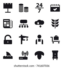 16 vector icon set : billboard, coin stack, 24/7, calendar, newspaper, structure, cloude service, unlock, tower crane, baggage trolley, shark flipper, mushroom, hive