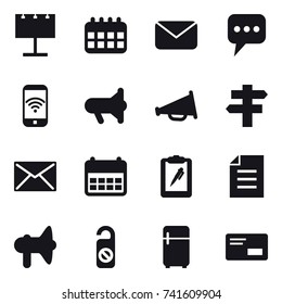 16 vector icon set : billboard, calendar, mail, message, phone wireless, megafon, loudspeaker, singlepost, do not distrub, fridge