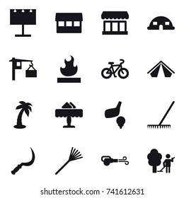 16 vector icon set : billboard, market, dome house, bike, tent, palm, restaurant, golf, rake, sickle, blower, garden cleaning