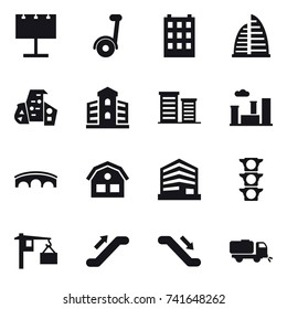 16 vector icon set : billboard, building, skyscraper, modern architecture, district, city, bridge, house, escalator, sweeper