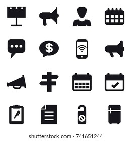 16 vector icon set : billboard, loudspeaker, woman, calendar, message, money message, phone wireless, megaphone, single post, do not disturb, fridge