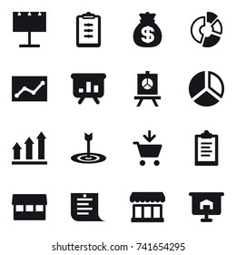 16 vector icon set : billboard, clipboard, money bag, circle diagram, statistic, presentation, diagram, graph up, target, add to cart, market, shopping list