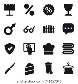 16 vector icon set : billboard, percent, wineglass, fence, cook hat, towel, knife, trash bin, hanger