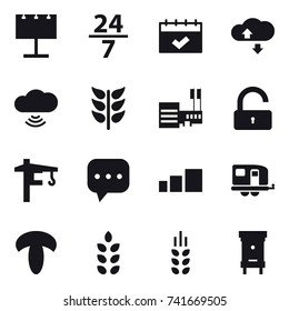 16 vector icon set : billboard, 24/7, calendar, cloude service, cloud wireless, mall, unlock, tower crane, trailer, spikelets, hive
