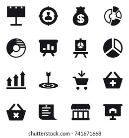 16 vector icon set : billboard, target audience, money bag, circle diagram, presentation, diagram, graph up, target, add to cart, add to basket, delete cart, shopping list, market