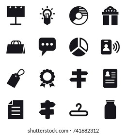 16 vector icon set : billboard, bulb, circle diagram, gift, shopping bag, message, diagram, pass card, label, medal, singlepost, signpost, hanger