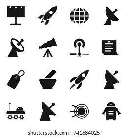 16 vector icon set : billboard, rocket, globe, satellite antenna, telescope, laser, shopping list, label