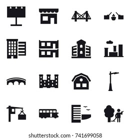 16 vector icon set : billboard, shop, bridge, drawbridge, houses, modular house, building, city, palace, house, outdoor light, bus, hotel, garden cleaning