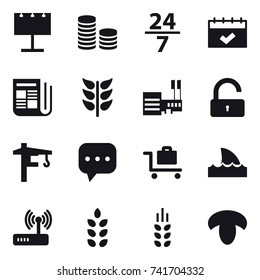 16 vector icon set : billboard, coin stack, 24/7, calendar, newspaper, mall, unlock, tower crane, baggage trolley, shark flipper, spikelets, mushroom
