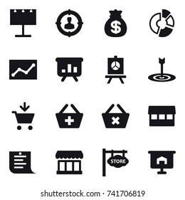 16 vector icon set : billboard, target audience, money bag, circle diagram, statistic, presentation, target, add to cart, add to basket, delete cart, market, shopping list, store signboard