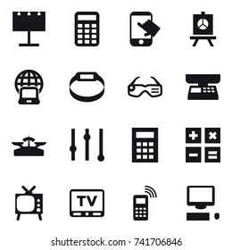 16 vector icon set : billboard, calculator, touch, presentation, notebook globe, smart bracelet, smart glasses, market scales, scales, equalizer, tv