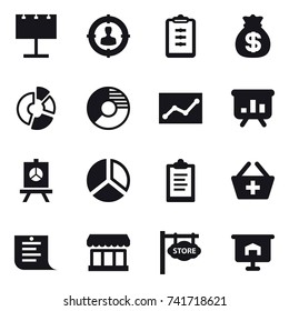 16 vector icon set : billboard, target audience, clipboard, money bag, circle diagram, statistic, presentation, diagram, add to basket, shopping list, market, store signboard