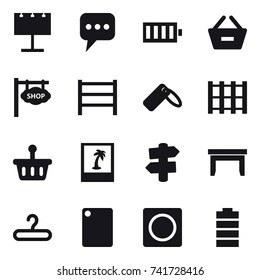 16 vector icon set : billboard, message, battery, remove from basket, shop signboard, photo, signpost, table, hanger, cutting board, ring button