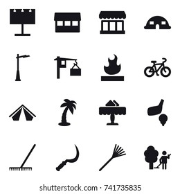 16 vector icon set : billboard, market, dome house, outdoor light, bike, tent, palm, restaurant, golf, rake, sickle, garden cleaning