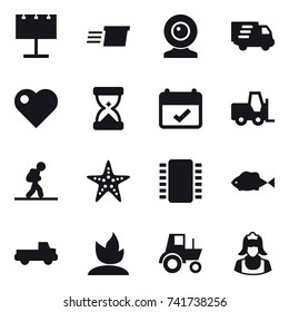 16 vector icon set : billboard, delivery, web cam, heart, tourist, starfish, pickup, sprouting, tractor, cleaner