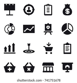 16 vector icon set : billboard, target audience, clipboard, money bag, circle diagram, statistic, presentation, diagram, graph up, target, add to cart, add to basket, delete cart, market
