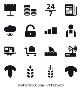 16 vector icon set : billboard, coin stack, 24/7, newspaper, cloud wireless, unlock, trailer, baggage trolley, shark flipper, spikelets, mushroom