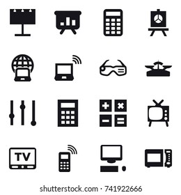 16 vector icon set : billboard, presentation, calculator, notebook globe, notebook wireless, smart glasses, scales, equalizer, tv