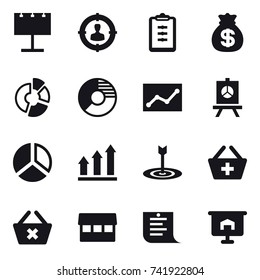 16 vector icon set : billboard, target audience, clipboard, money bag, circle diagram, statistic, presentation, diagram, graph up, target, add to basket, delete cart, market, shopping list