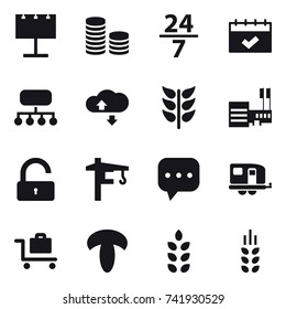 16 vector icon set : billboard, coin stack, 24/7, calendar, structure, cloude service, mall, unlock, tower crane, trailer, baggage trolley, spikelets