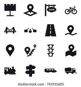 16 vector icon set : billboard, pointer, shop signboard, bike, bridge, drawbridge, train, signpost, sweeper