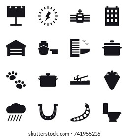 16 vector icon set : billboard, lightning, building, garage, hotel, pan, pets, soil cutter, berry, rain cloud, horseshoe, peas, toilet